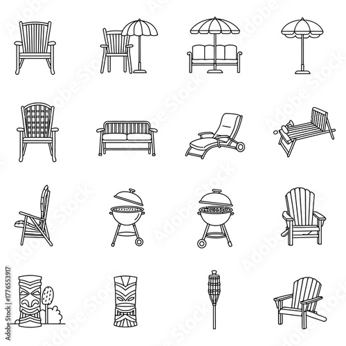 patio furniture set line art icons outdoor chairs grill tiki torches for backyard barbecue  outdoor entertaining summer lifestyle designs