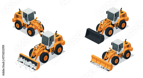 Set of isometric construction vehicles with interchangeable attachments