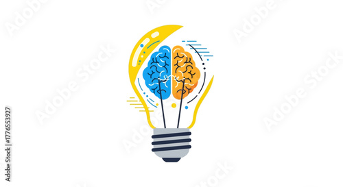 A brightly colored graphic of a lightbulb with the brain split into blue/orange halves
