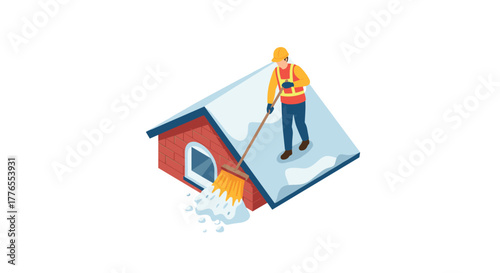 Isometric worker clearing snow from roof in winter maintenance scene