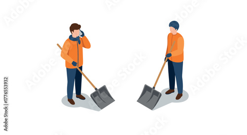 Isometric workers with shovels in winter gear concept