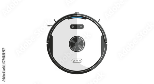 A top-down view of a modern, round robotic vacuum with a white top, black trim, and various sensors and buttons