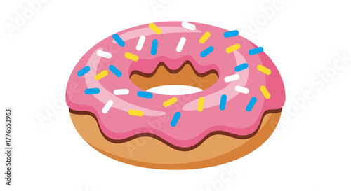A cartoon donut with pink frosting and colorful sprinkles, brown outer ring, and a hole in the center