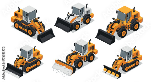 Set of isometric bulldozers and excavators with various attachments in construction