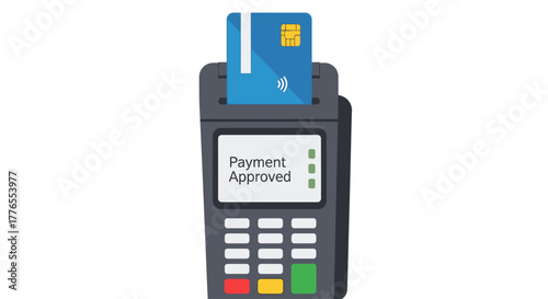 A digital illustration showing a credit card inserted into a payment terminal, displaying 'Payment Approved'