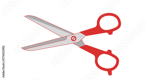 Vector image of a red-handled scissors with open blades on a white background, isolated and ready to cut