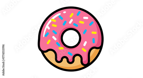 A cartoon donut with pink frosting, colorful sprinkles, and a brown outline, placed against a white background