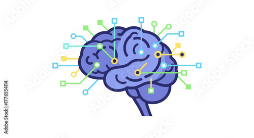 A stylized blue brain illustration with colorful connections representing neural networks and artificial intelligence