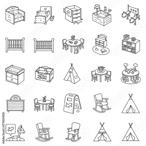 nursery furniture icons illustrating baby room decor elements equipment and layout designs ideal for parenting blogs childcare facilities planning  infant product catalogs
