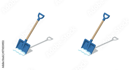 Pair of isometric snow shovels with shadows on white background