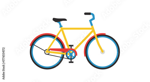 Vector illustration of a bicycle, featuring a yellow frame, blue wheels, and red fenders on a white background