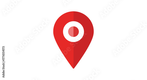 A red, stylized location marker, a teardrop shape with a white circle at its center, against a white backdrop