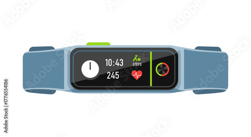 A blue fitness tracker displays time, steps, and heart rate data, with a green button and charging indicators