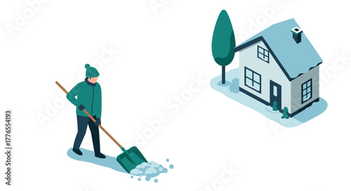 Winter home scene with person shoveling snow in isometric style