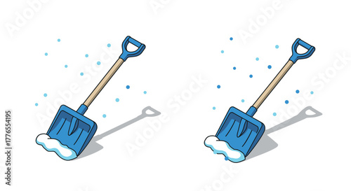 Colorful cartoon snow shovels with falling snowflakes and shadows on white background