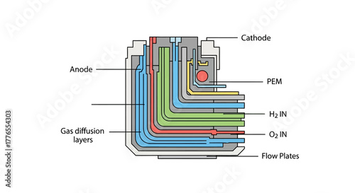 Cutaway diagram of a fuel cell, showcasing labeled components and pathways for gases and reactions