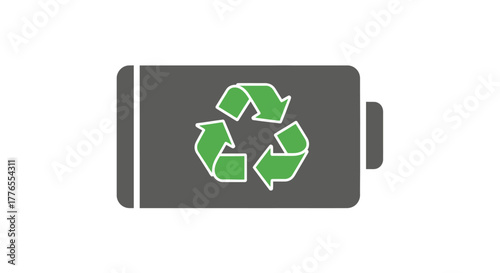 A gray battery icon with a green recycling symbol in the center, symbolizing environmental responsibility