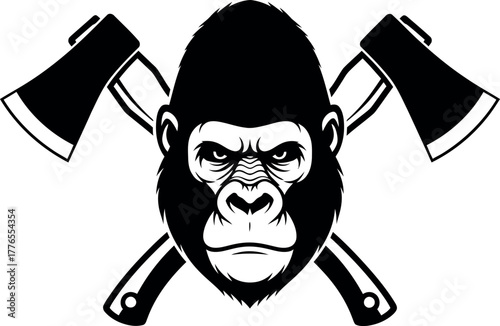 Aggressive gorilla or ape head mascot with crossed axes, a black and white vector illustration depicting strength, power, danger, and a fierce animal lumberjack.