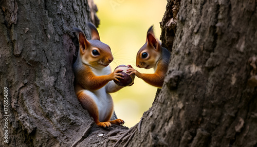 Two Adorable Squirrels Sharing a Nut in Tree Hollow, Cute Wildlife Moment of Friendship and Playfulness in Nature

