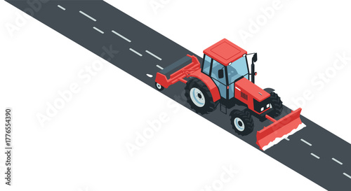 Red tractor with snowplow attachment on road in isometric design
