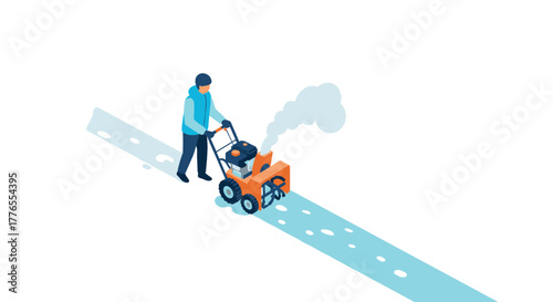 Isometric winter scene of person using snow blower on snowy pathway