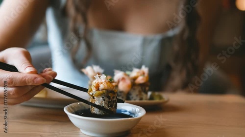 A beautiful girl eats Japanese sushi rolls with chopsticks, smiling with pleasure