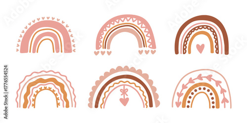 Set of boho style rainbow doodle elements decorated with hearts and spots. Cute, whimsical, and hand-drawn vector graphics for kids' decor, baby showers or nursery designs.