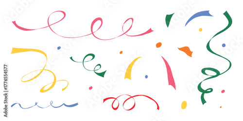 Hand drawn confetti set. Crayon sparkle icons, fireworks, twinkle spirals, doodle chalk shapes for childish birthday, carnival, kid holiday, Christmas, weeding. Grunge Isolated vector illustration.