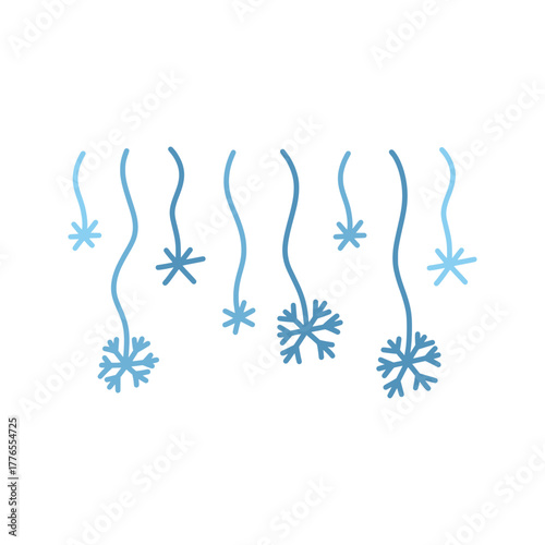Hand drawn snowflakes dangling from thin lines. Doodle blue hanging hand drawn snowflakes. Simple, festive, and cute vector elements for winter, holiday, and New Year, Christmas designs.