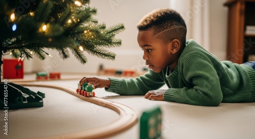 A focused young boy in a green sweater lies on a cream-colored carpet, playing with a wooden toy train on a track set up beneath the branches of a lit Christmas tree.