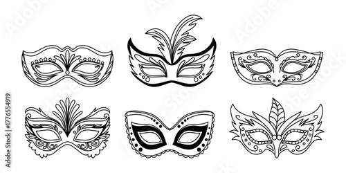 Mardi Gras eye mask elements can be used as isolated sign, symbol or icon. Set carnival masks silhouettes. Black masquerade masks, for party, parade and carnival, for Mardi Gras and Halloween.