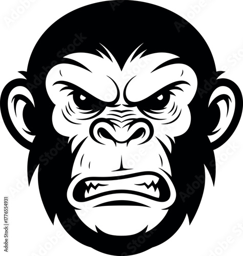 Aggressive gorilla or monkey face black and white vector illustration, fierce ape head design for mascot, t-shirt, logo, sport team emblem, or tattoo.