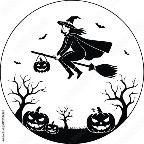 Witch Flying Silhouette Vector Minimalist Halloween Night Scene with Pumpkin and Bats in Circle