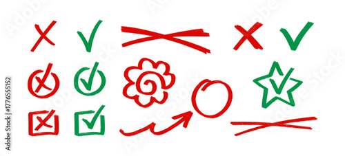 Set of hand drawn exam marks in red and green, including checkmarks and crosses, and hanamaru signs. Simple vector elements for educational feedback and grading. Textured exam grades.