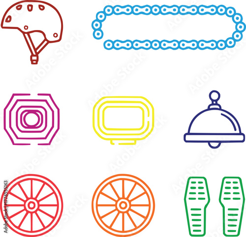 Essential Cycling Gear Outline Icons Helmet, Chain, Lights, Reflectors
