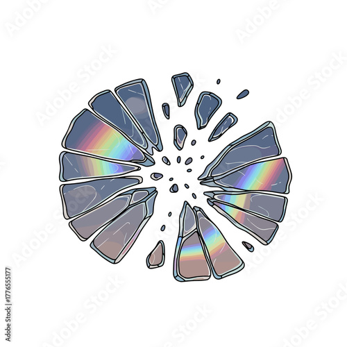 Holographic ice shattered into pieces with rainbow reflections  