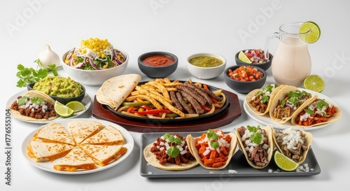 Wallpaper Mural Delicious Mexican food spread with tacos, quesadillas, and fajitas on a white background Torontodigital.ca