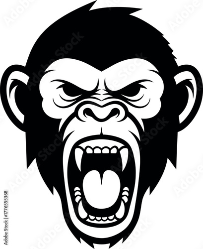 Aggressive Primate Face with Open Mouth and Fangs, Detailed Black and White Ape Mascot Design.