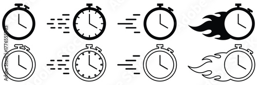 Set of fast clock icons in different motion styles like flame, glitch, and streaks. Useful for urgency, time management, express delivery, and deadline concepts Time fast icon editable Design template