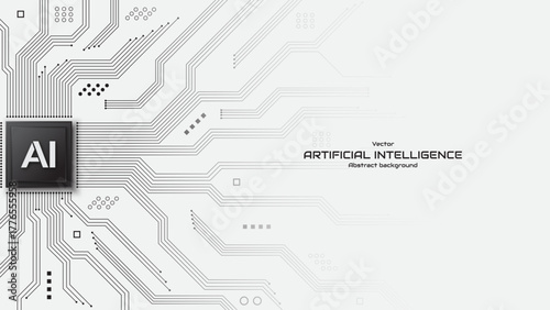 Concept of artificial intelligence. AI chipset on a circuit board, Futuristic background. Machine learning, automation and smart tech. Technology vector illustration.