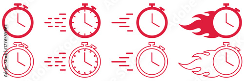 Set of fast clock icons in different motion styles like flame, glitch, and streaks. Useful for urgency, time management, express delivery, and deadline concepts Time fast icon editable Design template