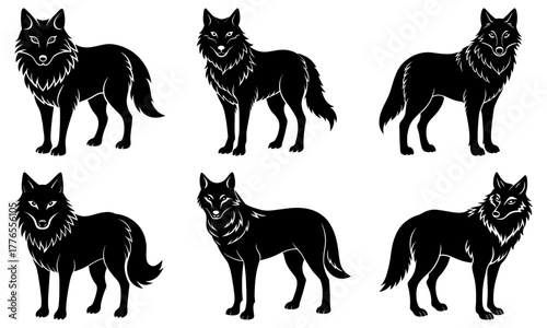 Majestic wolf pack silhouettes, vector art perfect for branding, logos, and nature themes, conveying strength, wilderness, and wild spirit in designs