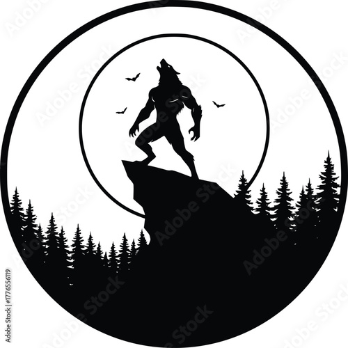 Werewolf Howling at Full Moon Silhouette Vector Horror Night Scene with Forest and Cliff in Circle Frame