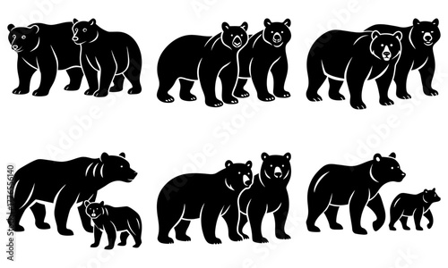 Adorable bear family collection, showcasing wild animal love and nature's beauty, perfect for conservation projects and wildlife education materials, originally vector art