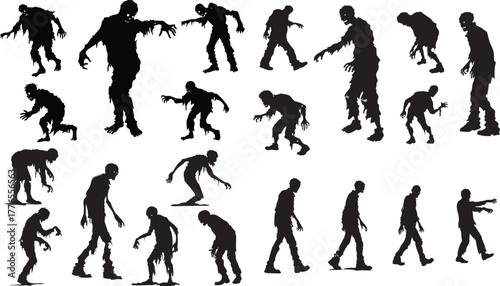 Collection of Zombie Silhouettes in Various Walking and Creeping Poses Horror Undead Figures, Transparent Background