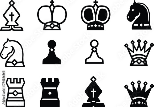 Vector Collection of classic chess piece icons in black and white for strategic game design and illustration