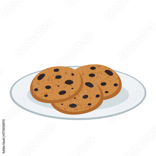 Chocolate chip cookies on plate, sweet homemade dessert, vector illustration for bakery and food design. Isolated on a white background.