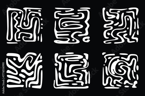 Vector Six abstract black and white textured patterns with organic wavy lines and maze like designs