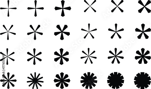 Vector collection of abstract starburst and asterisk shapes in black and white on a white background