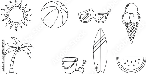 Outline Summer Icon Set. Black and White Line Art Collection of Beach Vacation Elements. Includes Sun, Beach Ball, Sunglasses, Ice Cream, Palm Tree, Surfboard, Sand Toys, and Watermelon.